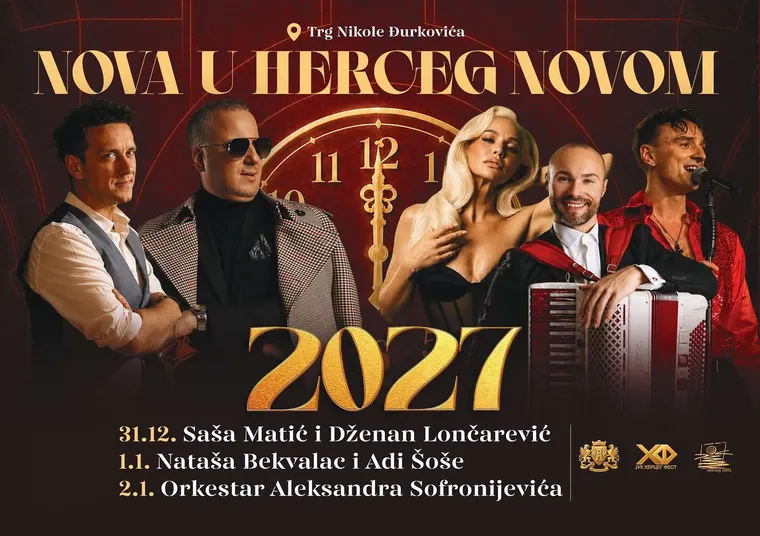 Plakat dočeka Nove 2027. godine u Herceg Novom - Trg Nikole Đurkovića