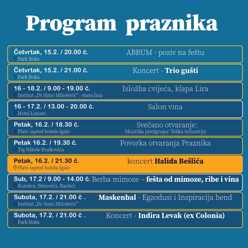 Zvanični program 55. Praznika mimoze 2024 — prvi vikend: otvaranje, povorka, koncert Halida Bešlića i berba mimoze