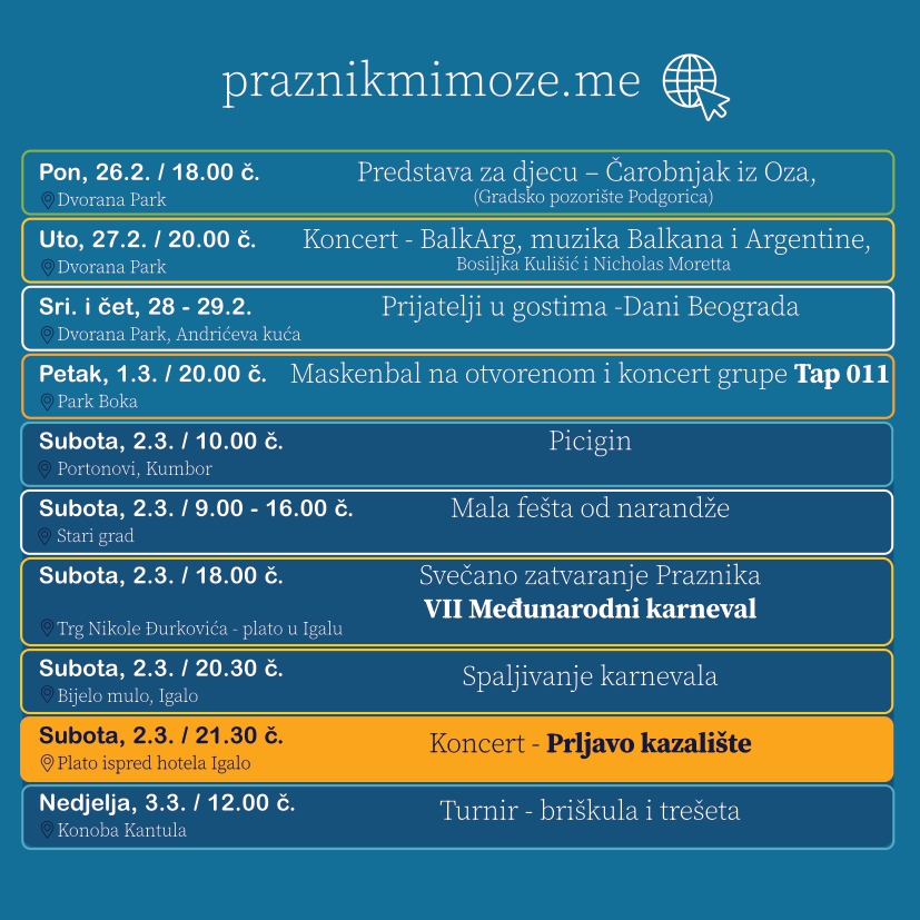 Program završnice Praznika mimoze 2024 — međunarodni karneval, spaljivanje karnevala i koncert grupe Prljavo kazalište